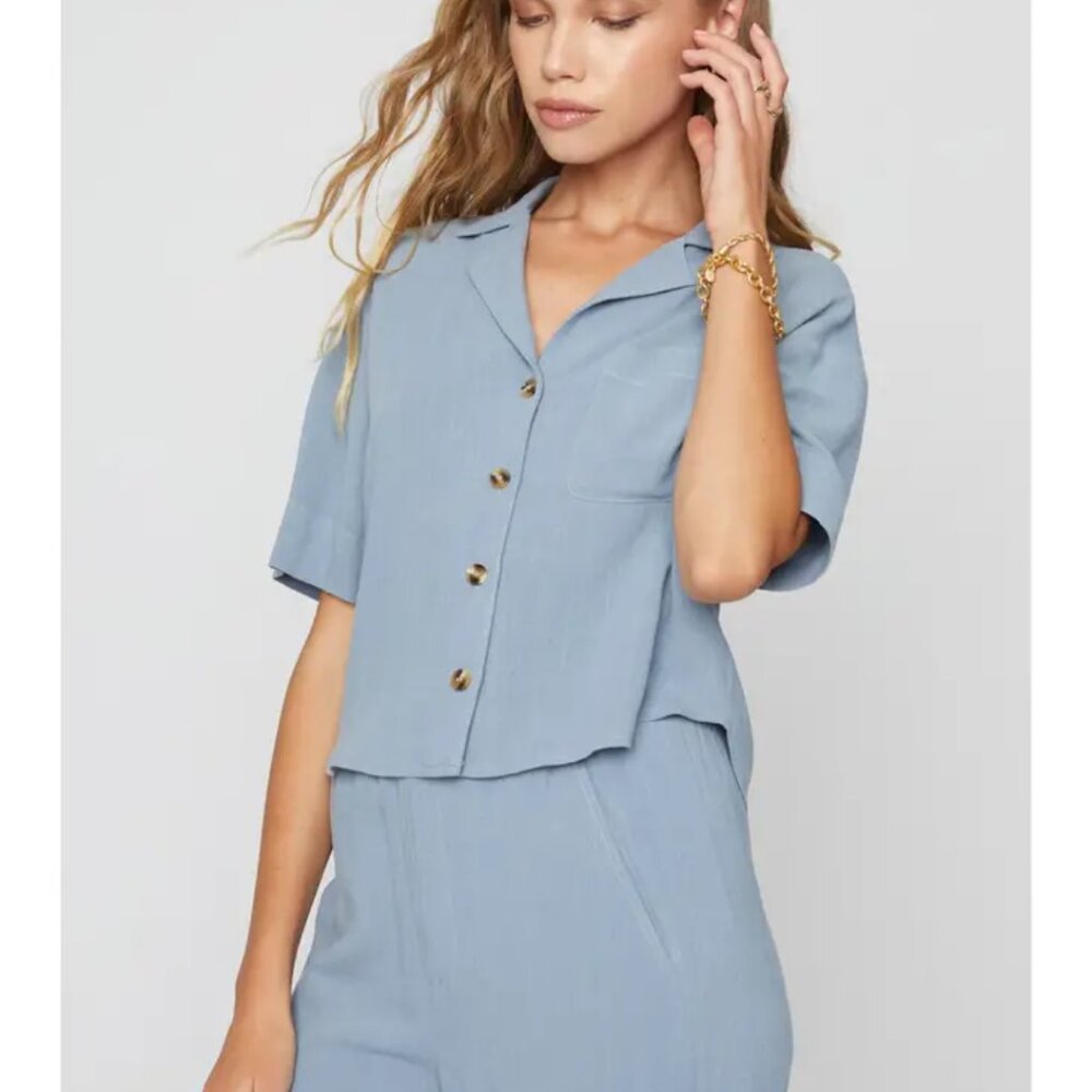 Cropped Button Up Top Womens Linen Sage Blue Pocket Collar classic San Souci